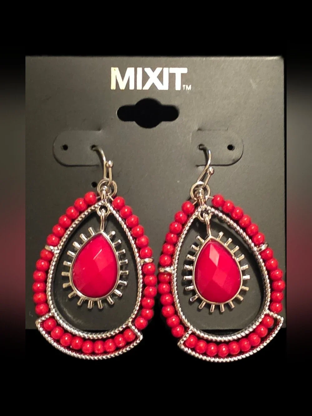 Red Beaded Teardrop Dangle Earrings